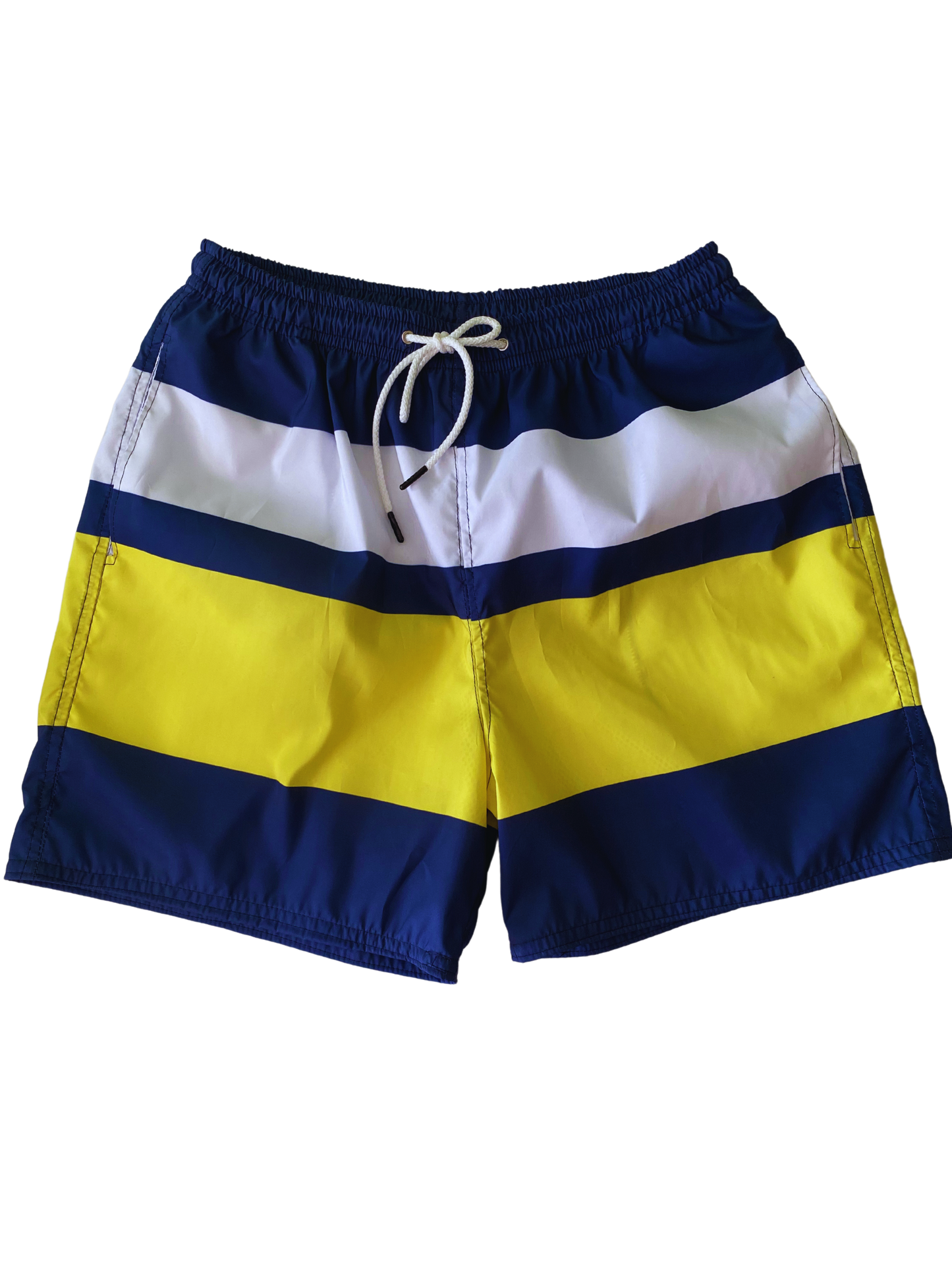 PANTALONETA AZUL OSCURO CON FRANJAS BLANCAS Y AMARILLAS