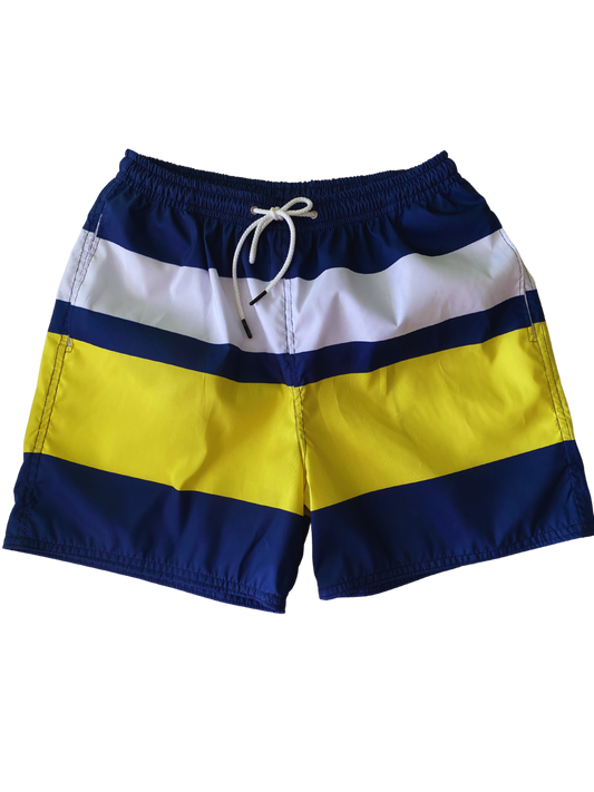 PANTALONETA AZUL OSCURO CON FRANJAS BLANCAS Y AMARILLAS