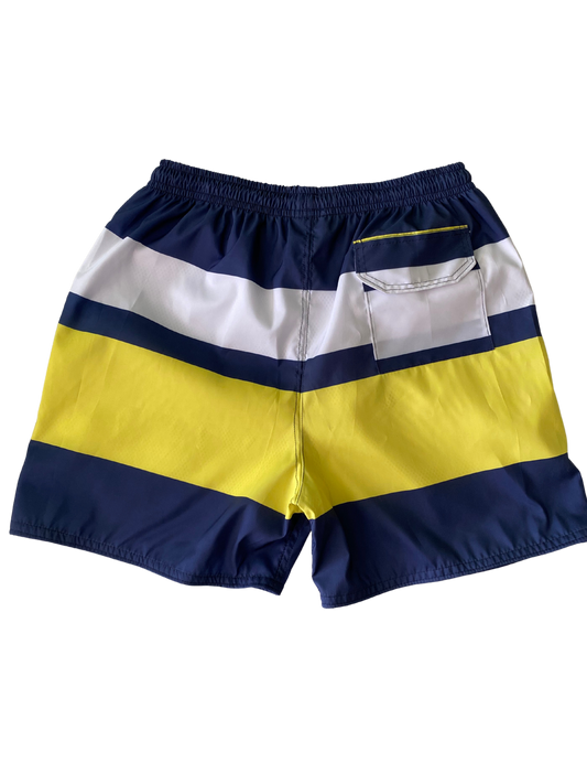 PANTALONETA AZUL OSCURO CON FRANJAS BLANCAS Y AMARILLAS