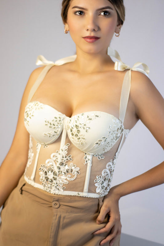 CORSET EN LENTEJUELAS MARFIL